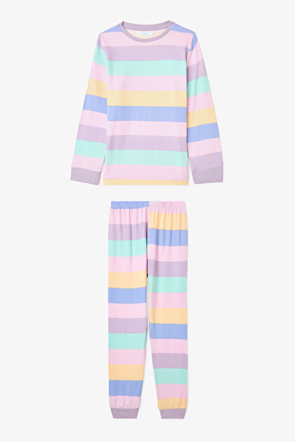 Pembe Kız Çocuk Çizgili Pijama Takımı