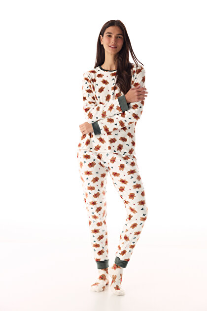 Kırık Beyaz Gingerbread Bisiklet Yaka Uzun Kollu Pijama Takımı
