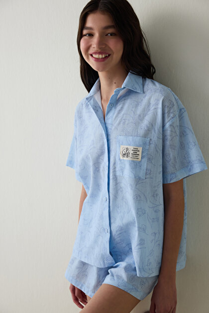 Açık Mavi Antalya Çiğdemi Pamuklu Çiçekli Gömlek Şort Pijama Takımı - Inspired by Flora