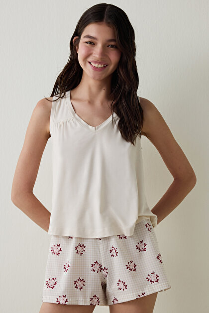 Taş Rengi Freya V Yaka Geniş Askılı Atlet Pijama Üstü