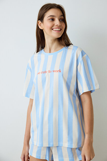 Açık Mavi Cute To Work Pamuklu Çizgili Bisiklet Yaka Kısa Kollu Şortlu Pijama Takımı