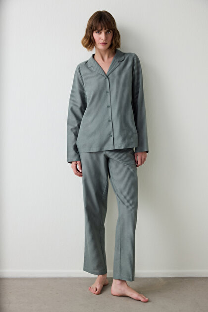 Dark Green Striped Shirt Collar Long Sleeve Pajama Set