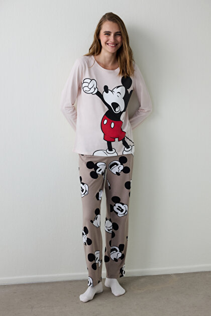 Bej Mickey Mouse Baskılı Bisiklet Yaka Pamuklu Uzun Kollu Pijama Takımı