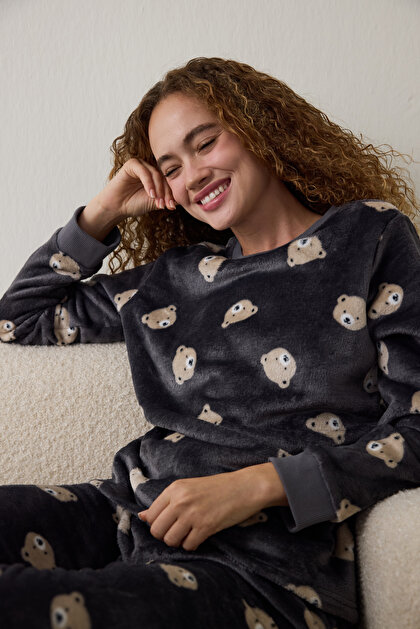 Dark Gray Bear Patterned Long Sleeve Pajama Set