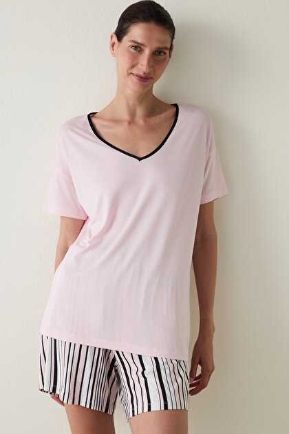 Penti Aging Light Pink Collagen Effective V-Neck Short Sleeve Pajama Set with Shorts