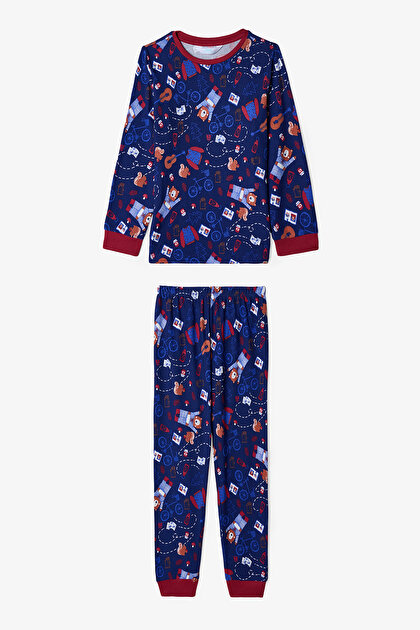 Navy Blue Boys Bear Style Bear Patterned Pajama Set