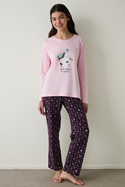 Autumn Çiçekli Bisiklet Yaka Pamuklu Uzun Kol Pijama Takımı