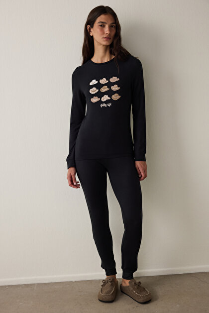 Siyah Lana Slogan Baskılı Bisiklet Yaka Pijama Takımı