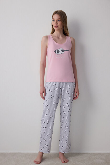 Kedi Desenli Sleepy Bisiklet Yaka Askılı Pamuklu Pijama Takımı