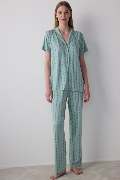 Mint Yeşili Lenna Çizgili Gömlek Yaka Pijama Takımı