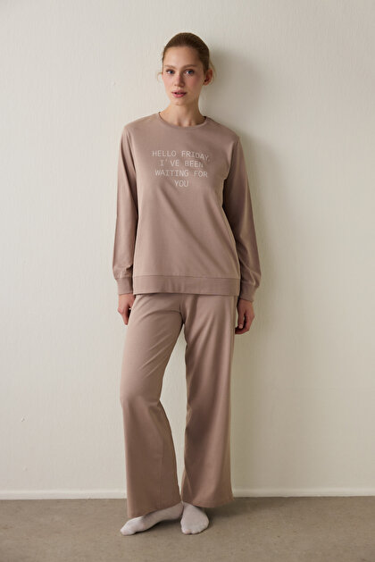 Dark Beige Hello Friday Printed Crew Neck Long Sleeve Pajama Top