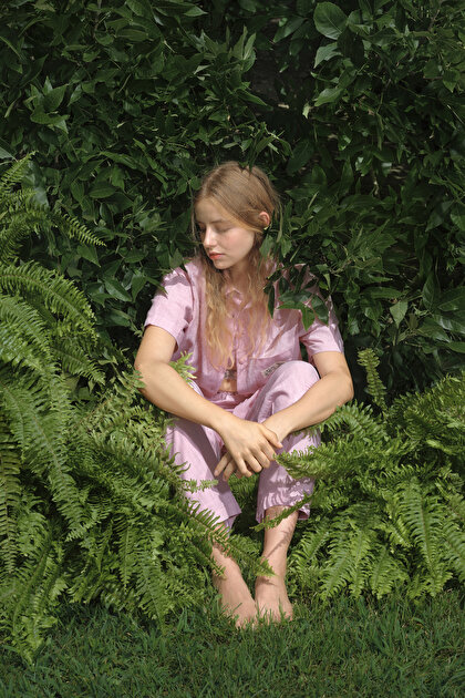 Lila Slogan Baskılı Gömlek Yakalı Pamuklu  Kısa Kollu Şortlu Pijama Takımı - Inspired by Flora