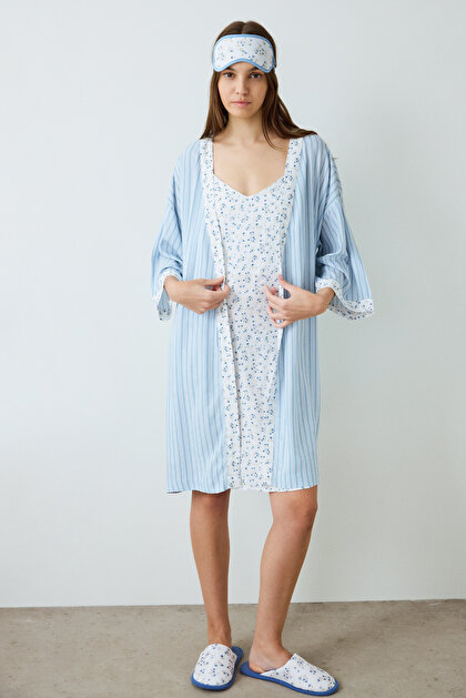 Light Blue Lilah Striped Tie Detailed Short Sleeve Dressing Gown
