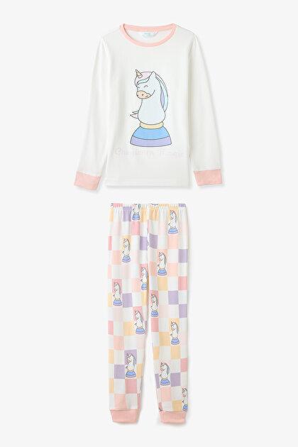 Kırık Beyaz Kız Çocuk Chessicorn Unicorn DesenliUzun Kollu Pijama Takımı