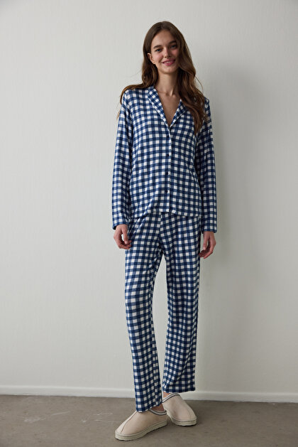 Navy Blue Plaid Shirt Collar Thermal Effect Pajama Set