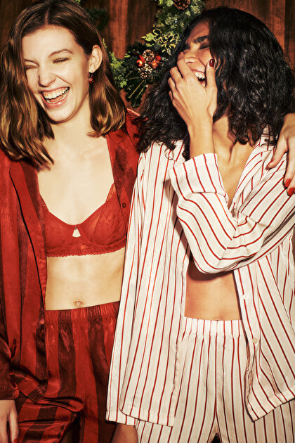 Gül Kurusu Çizgili Gömlek Yaka Saten Pijama Takımı