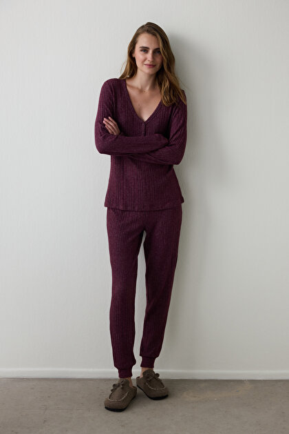 Claret Red Cozy Time V-Neck Long Sleeve Pajama Set