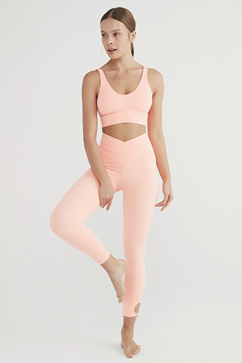 Parlak Koral Twist Detaylı Crop Tayt - 5