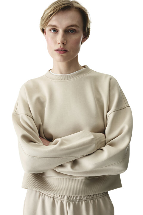 Bej İpeksi Dokunuş Silky Touch Kontrast Detaylı Bisiklet Yaka Sweatshirt PH8KR41Q26IY-GR25 - Penti