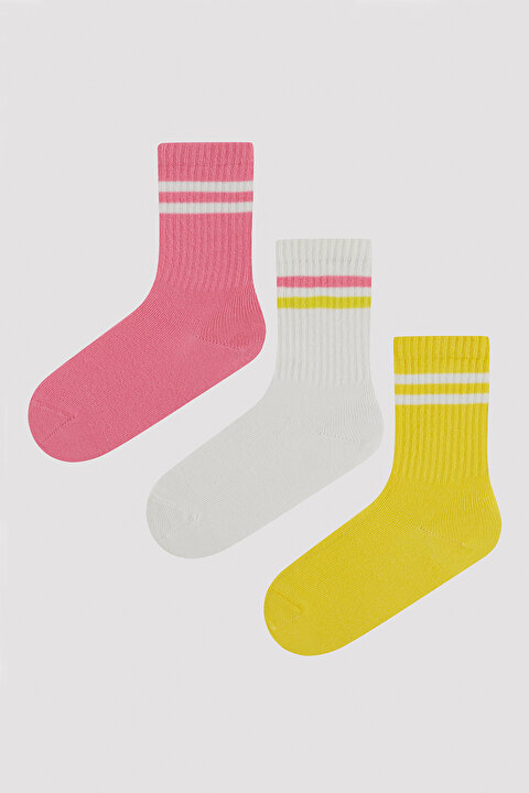 Kız Çocuk Pembe Sarı 3 lü Tenis Soket Çorap