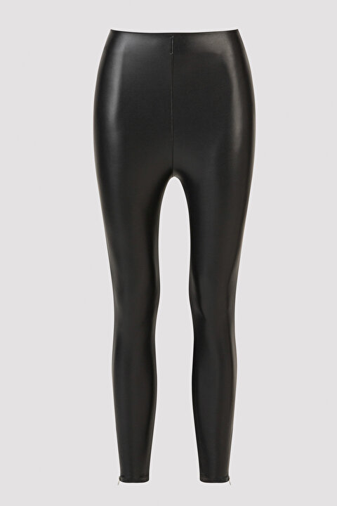 Black Leather Look Chic Thermal Legging - 5