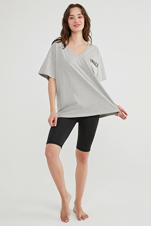 Gri PFT V Neck Oversize Tişört - 5