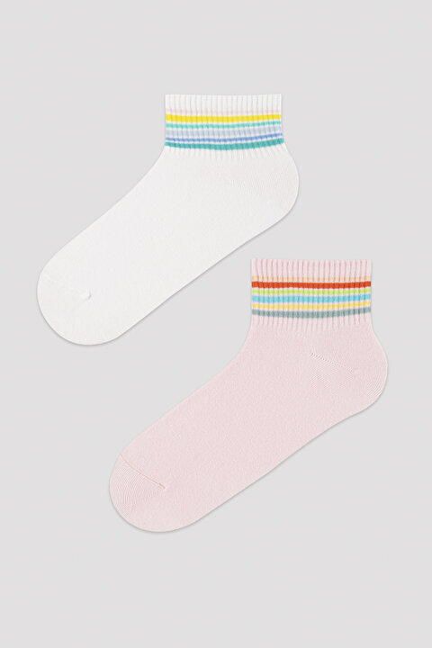 Beyaz- Pembe Çizgi Detaylı 2li Soket Çorap