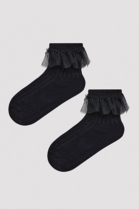 Kız Çocuk Siyah Fırfır Detaylı Soket Çorap