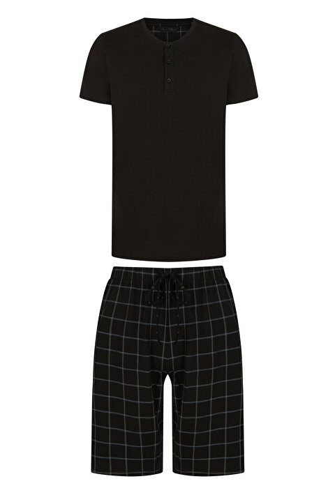 Erkek Dark Checked Şort Takımı - 5