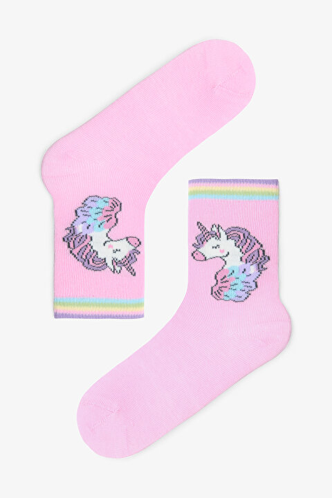 Kız Çocuk Çizgili Unicorn Desenli Pamuklu 4'lü Soket Çorap - 5