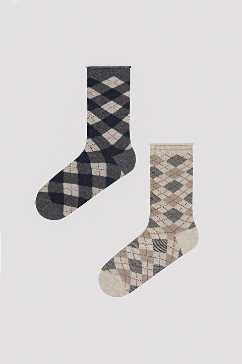 Desenli Siyah-Bej 2li Soket Çorap