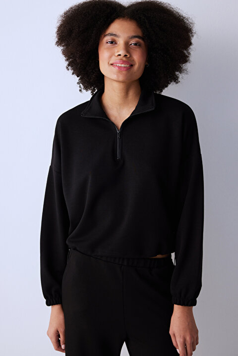 Siyah Yarım Fermuarlı Silky Touch Crop Sweatshirt PHXB5Y3T24SK-BK3