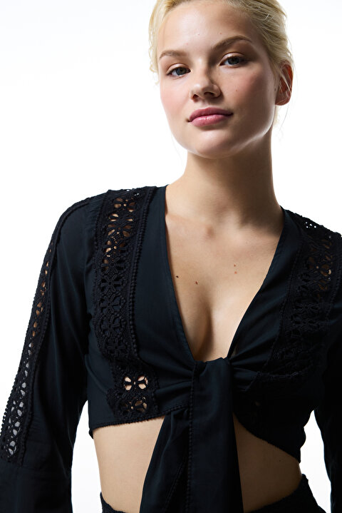 Siyah West Poplin Crop Top Üst PL4H6S7425IY-BK5 - Siyah - Penti
