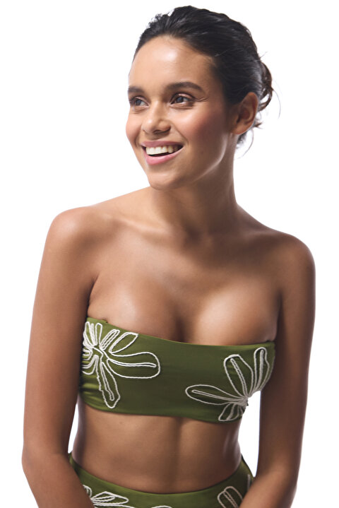 Kıy Kır Yeşili Nakışlı Straplez Bikini Üstü