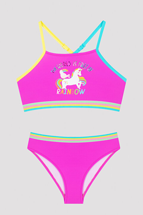 Fuşya Kız Çocuk Gökkuşağı Desenli Halter Bikini Takımı