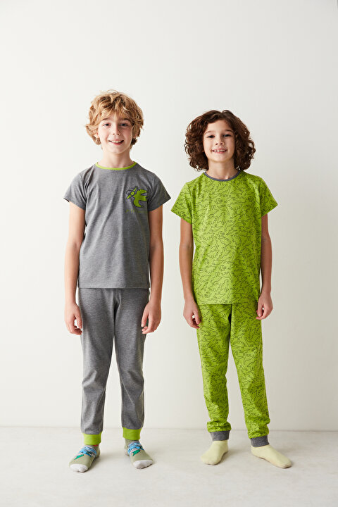 Yeşil-Gri Erkek Çocuk Dinozor Baskılı 2li Pijama Takımı - 3