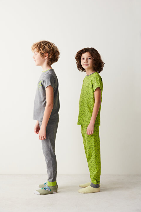 Yeşil-Gri Erkek Çocuk Dinozor Baskılı 2li Pijama Takımı - 4