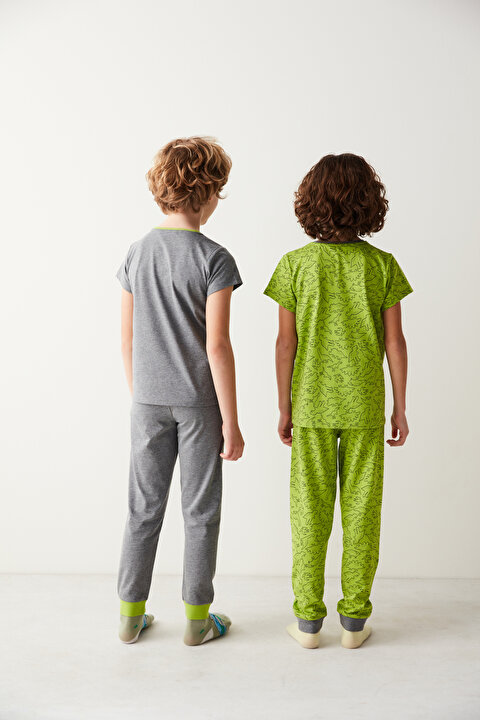 Yeşil-Gri Erkek Çocuk Dinozor Baskılı 2li Pijama Takımı - 5