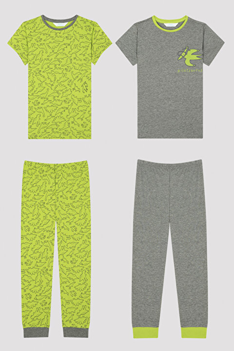 Yeşil-Gri Erkek Çocuk Dinozor Baskılı 2li Pijama Takımı - 8