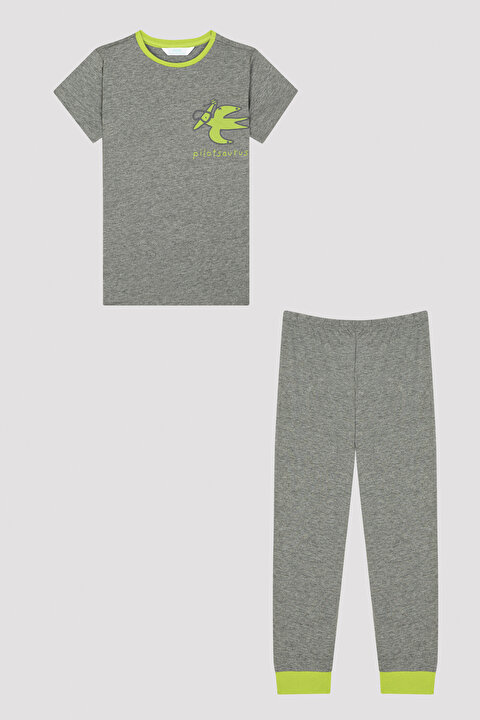 Yeşil-Gri Erkek Çocuk Dinozor Baskılı 2li Pijama Takımı - 9