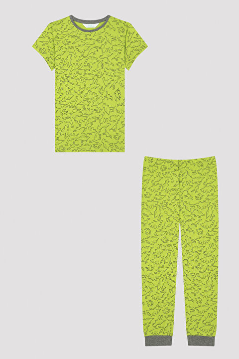 Yeşil-Gri Erkek Çocuk Dinozor Baskılı 2li Pijama Takımı - 10