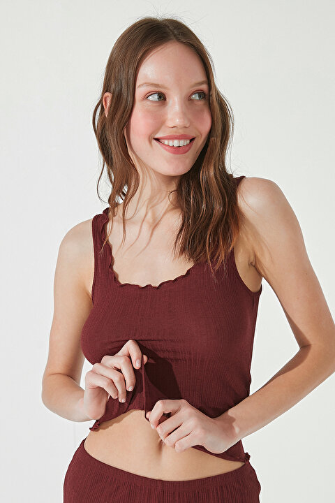 Burgundy Frill Rib Atlet Şort Takımı - 3