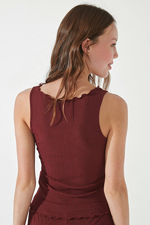 Burgundy Frill Rib Atlet Şort Takımı - 5
