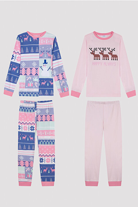Kız Çocuk Kış Temalı Pamuklu Kahverengi 2li Pijama Takımı - 7