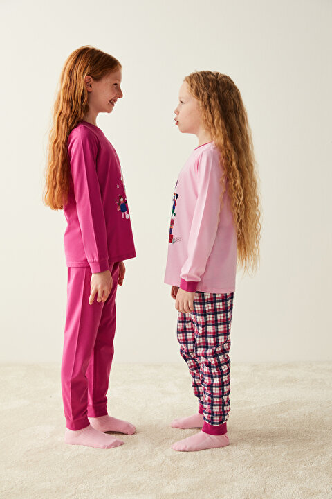 Çok Renkli Kız Çocuk Kış Temalı 2li Pijama Takımı - 4