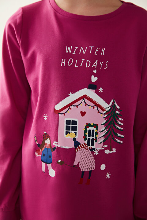 Çok Renkli Kız Çocuk Kış Temalı 2li Pijama Takımı - 7