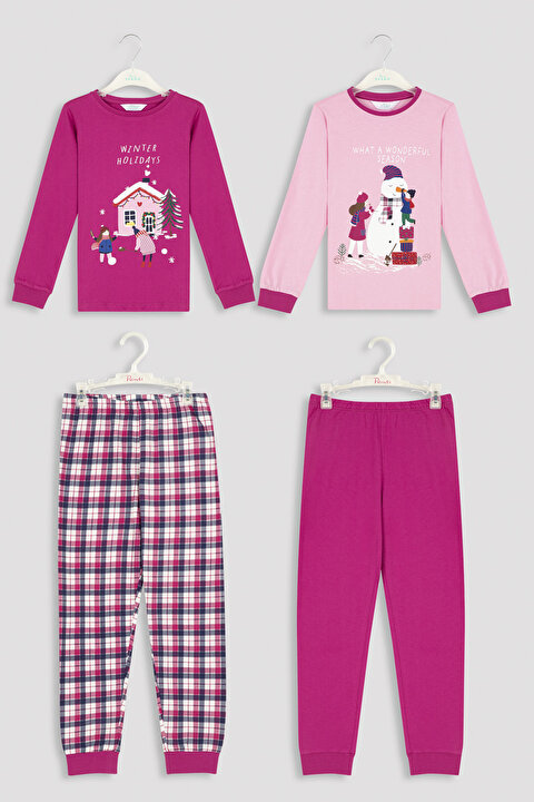 Çok Renkli Kız Çocuk Kış Temalı 2li Pijama Takımı - 10