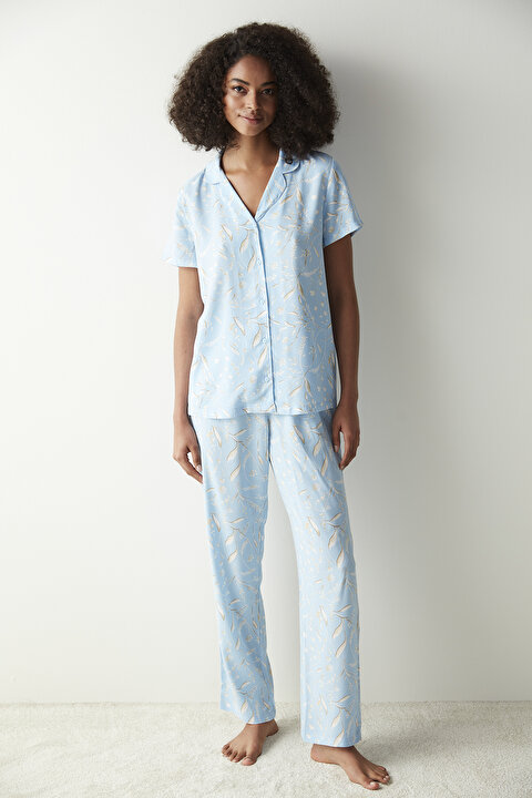 Maye Baskılı Mavi Gömlek Pantolon Pijama Takımı