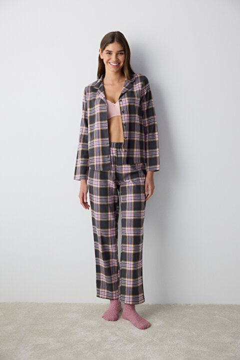 Pamuklu Halie Checked Antrasit Gömlek Pantolon Pijama Takımı - 3