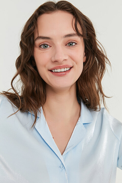 Açık Mavi Sky Saten SS Gömlek Pantalon Pijama Takımı - 3